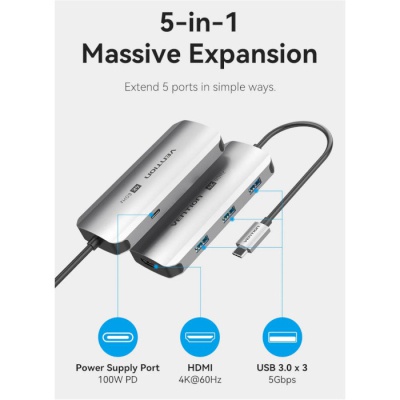 Концентратор Vention USB 3.1 Type-C to HDMI 4K60Hz/USB 3.0x3/PD 100W 5-in-1 (TQDHB)