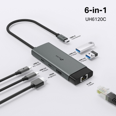 Концентратор TP-Link USB 3.0 6-in-1 2xUSB 3.0 + 1xUSB-C + 1xHDMI + 1xRJ45 + PD 100W (UH6120C)