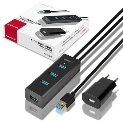 Концентратор AXAGON USB 3.1 to 4xUSB 3.0 1.2m + power adapter + cable USB to Micro 5P black (HUE-S2BP)