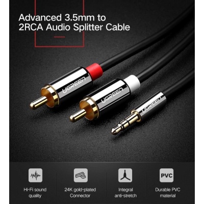 Кабель мультимедійний 3.5mm M to 2xRCA M 2.0m AV116 black UGREEN (10584)