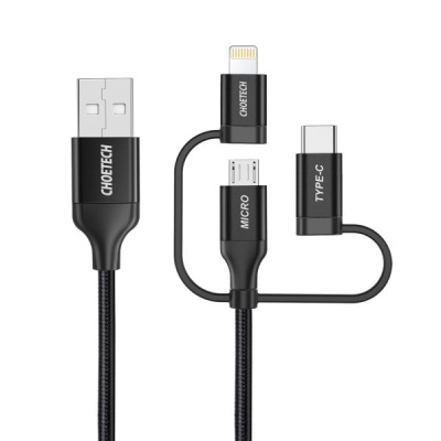 Дата кабель USB 2.0 AM to Lightning + Micro 5P + Type-C 1.2m MFI Choetech (IP0030-BK)