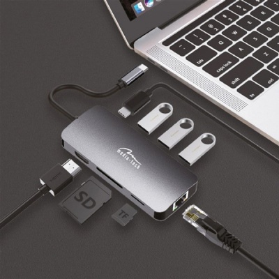 Концентратор Media-Tech USB3.1 Type-C to HDMI/USB 3.0x3/RJ45/SD/MicroSD/PD 100W Hub Pro 8-in-1 (MT5044)