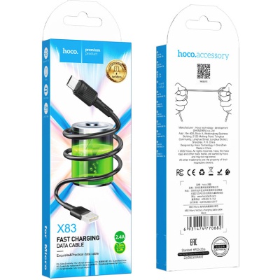 Дата кабель USB 2.0 AM to Micro 5P 1.0m 2.4A PVC X83 black HOCO (6931474770882)
