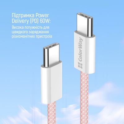 Дата кабель USB-C to USB-C 1.0m 60W 3.0А pink ColorWay (CW-CBPDCC061-P)