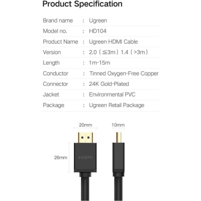 Кабель мультимедійний HDMI M to HDMI M 1.5m HD104 black Ugreen (60820)