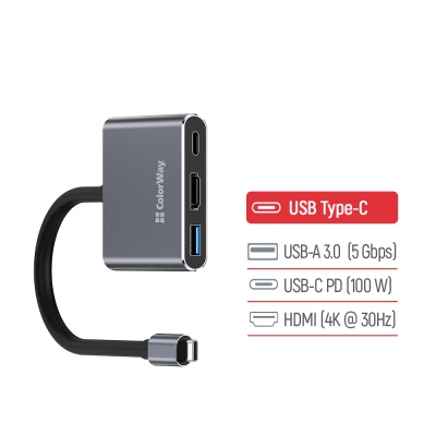 Концентратор ColorWay USB-C 3-in-1 USB 3.0 + HDMI 4K + USB-C PD100W (CW-HUB08)