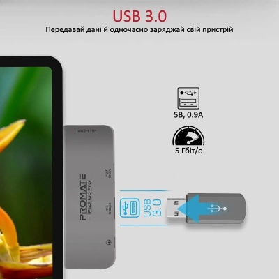 Концентратор Promate USB Hub 4 ports padhub-pro.grey (padhub-pro.grey)