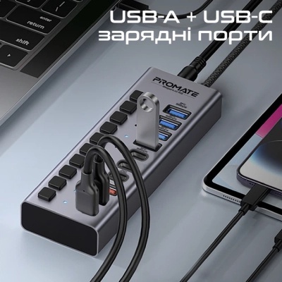 Концентратор Promate USB-C 10-in-1 5xUSB-C + 5xUSB gray (gegahub-5g)