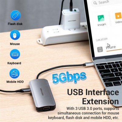 Концентратор Vention USB3.1 Type-C --> HDMI/VGA/USB 3.0x3/PD 100W Hub 6-in-1 (TOIHB)