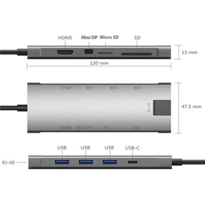 Концентратор Dynamode USB Type-C to HDMI 4K + Mini DP + 3хUSB3.0 + Gigabit RJ45+ U (Dock-9-in-1-TypeC-HDMI-Mini-DP-USB3.0-RJ45)