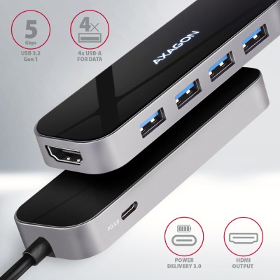 Концентратор AXAGON USB-C 6-in-1 to 4xUSB-A 5Gbps + 1xUSB-C PD100W + HDMI 4K30Hz 0.2m aluminum (HMC-6H4A)