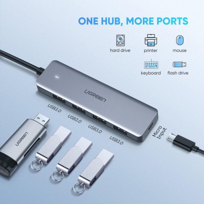 Концентратор Ugreen CM219 HUB Type-C to 4xUSB with USB-C Power Port (Gray) (70336)