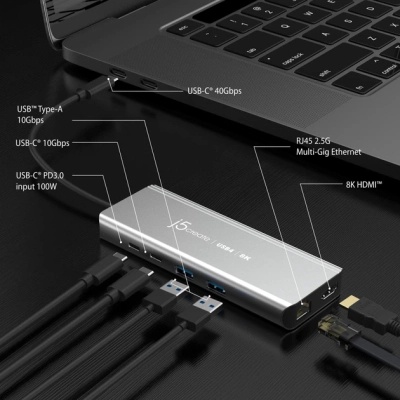 Концентратор J5create USB-С 6-in-1 2xUSB 3.2 + USB-C PD 100W + USB-C + HDMI 8K + RJ45 2.5Gbps aluminum (JCD403-N)