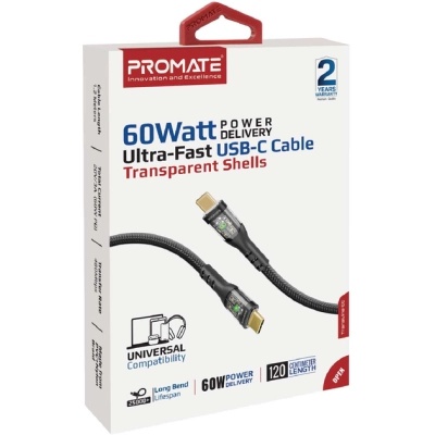Дата кабель USB-C to USB-C transline-cc.black Promate (transline-cc.black)