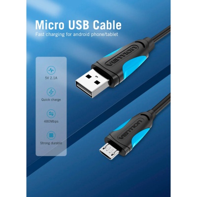 Дата кабель USB 2.0 AM to Micro 5P 2.0m Black Vention (VAS-A08-B200)