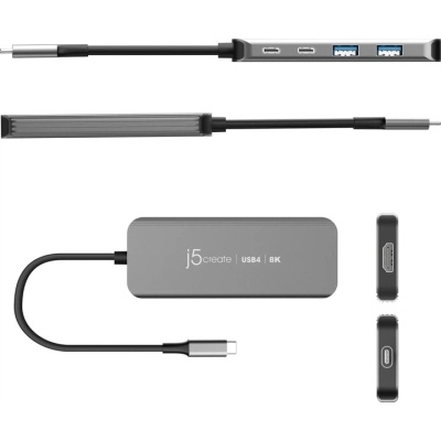 Концентратор J5create USB-C 5-in-1 2xUSB 3.2 10Gbps + 2xUSB-C 10Gbps PD 100W + HDMI 8K gray (JCH453-N)