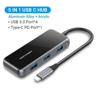 Концентратор Vention USB 3.1 Type-C to 4хUSB 3.0/PD 87W 5-in-1 Gray Mirrored Surface (TFDHB)