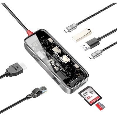 Концентратор Promate USB-C 8-in-1 USB-C PD100W + HDMI 4K60Hz + USBC + 2xUSB 3.0 + RJ45 1000Mbps + SD/MicroSD grey (transhub-mini)