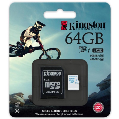 Карта памяти Kingston 64GB microSD class10 USH-I U3 (SDCAC/64GB)