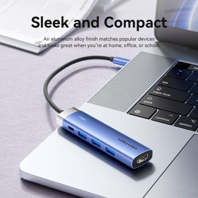 Концентратор Vention USB 3.1 Type-C to HDMI/USB 3.0x3/PD 100W Blue Aluminum Alloy Hub 5-in-1 (TGESB)