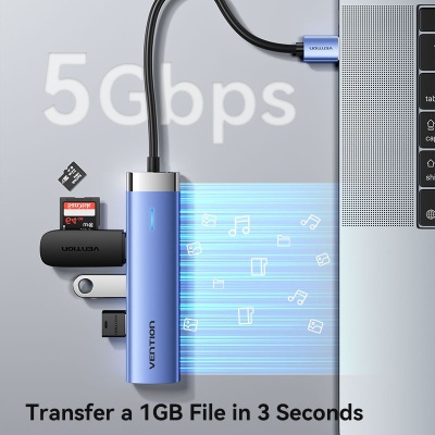 Концентратор Vention USB 3.0 to USB 3.0x3/RJ45/Type-C Hub Blue Aluminum Alloy 5-in-1 (TGFSB)