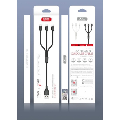 Дата кабель USB 2.0 AM to Lightning + Micro 5P + USB-C 1.0m 2.1A black XO (NB103-3in1-1-BK)