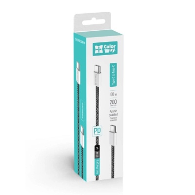 Дата кабель USB-C to USB-C 2.0m (braided cotton) (PD Fast Charging 60W) 3.0А black ColorWay (CW-CBPDCC068-BK)