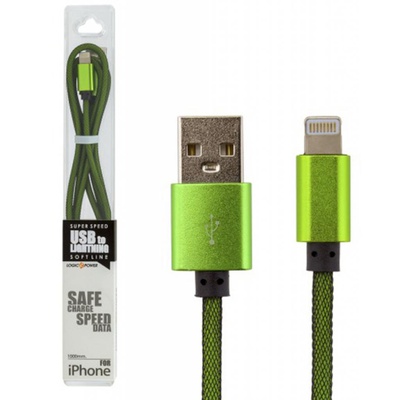 Дата кабель LogicPower USB 2.0 -> Lightning 1м Gr (метал. плетение)  зеленый / Re (5124)