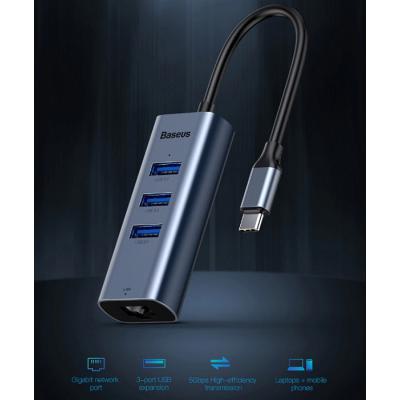 Концентратор Baseus Type-C to USB3.0*3+RJ45, grey (CAHUB-M0G)