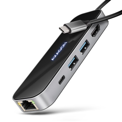 Концентратор AXAGON USB-C to 2xUSB-A + 1xUSB-C + HDMI + RJ45 + PD100W 0.2m grey (HMC-6GLN)