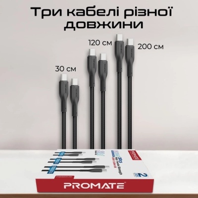 Дата кабель USB-C to USB-C cablekit-cc.black Promate (cablekit-cc.black)