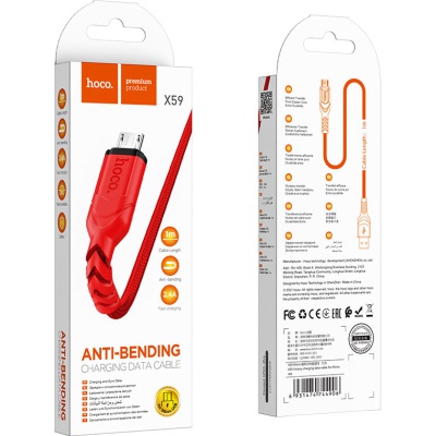 Дата кабель USB 2.0 AM to Micro 5P 1.0m 2.4A nylon X59 red HOCO (6931474744906)