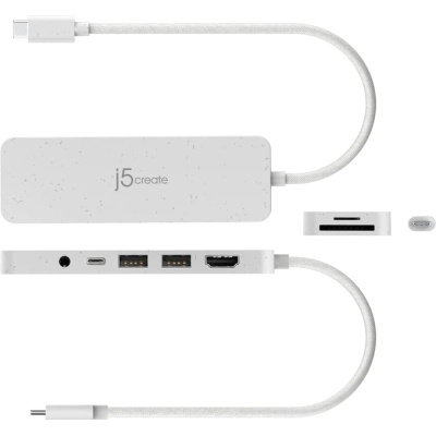 Концентратор J5create USB-C 6-in-1 2xUSB 3.2 + USB-C PD + HDMI 4K + SD/TF + 3.5mm white (JCD373EW-N)