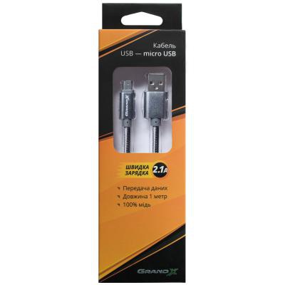 Дата кабель Grand-X USB - micro USB, Cu, 2.1A, Grey/Grey, 1m (FM01GGR)