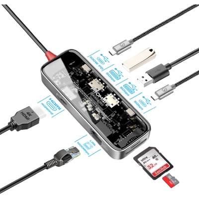 Концентратор Promate USB-C 8-in-1 USB-C PD100W + HDMI 4K60Hz + USBC + 2xUSB 3.0 + RJ45 1000Mbps + SD/MicroSD grey (transhub-mini)