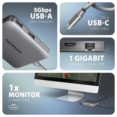 Концентратор AXAGON USB-C to 2xUSB-A + HDMI + RJ45 + PD 100W 0.2m grey (HMC-5HL)