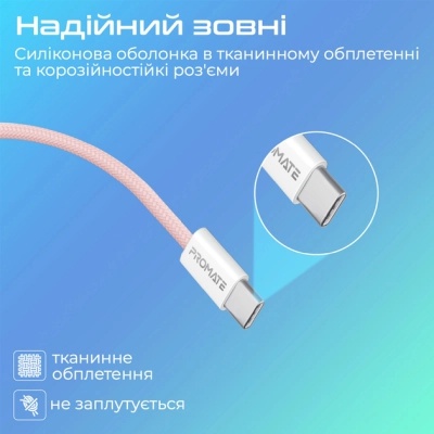 Дата кабель USB-C to USB-C ecoline-cc200.pink Promate (ecoline-cc200.pink)