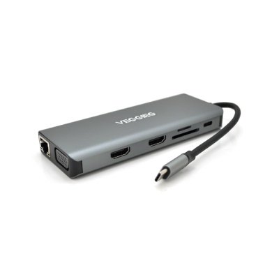Концентратор VEGGIEG USB-C 9-in-1 USB-C + 4xUSB 3.0 + 2xHDMI + VGA + SD/TF + RJ45 0.1m silver (TC12)