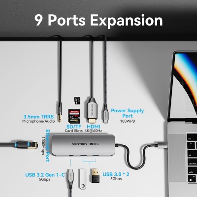 Концентратор Vention USB 3.1 Type-C to HDMI 4K60Hz/USB 3.0x2/RJ45/SD/TF/3.5mm/PD 100W Hub 9-in-1 (TQMHB)