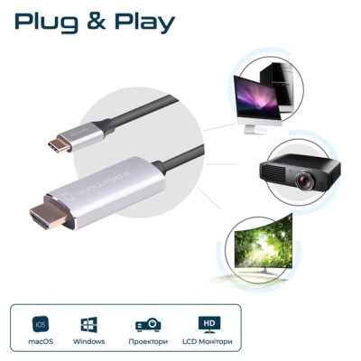 Кабель мультимедійний USB-C to HDMI hdlink-60h.grey Promate (hdlink-60h.grey)