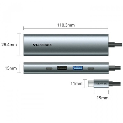 Концентратор VENTION USB-C 5-in-1 HDMI + USB 3.0 + USB 2.0 + USB-C 2.0 + PD 100W (TGLHB)