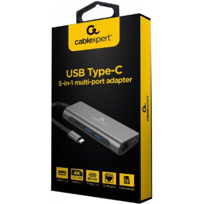 Концентратор Cablexpert USB-C 5-in-1 (HUB/HDMI/PD/CR/Lan) (A-CM-COMBO5-01)