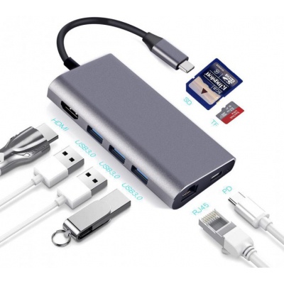 Концентратор Dynamode USB3.1 Type-C to HDMI, 3хUSB3.0, RJ45, USB Type-C Female, SD (Dock-USB-TypeC-HDMI-USB3.0-RJ45)