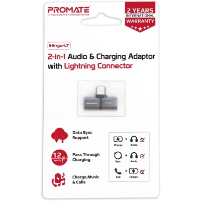 Перехідник Lightning M to 2xLightning F Audiо + Charge Promate (ihinge-lt.grey)