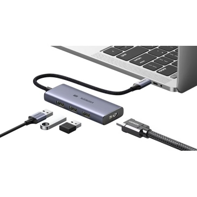 Концентратор Ugreen USB-C 4-in-1 3xUSB 3.0 + HDMI CM500 gray (50629)