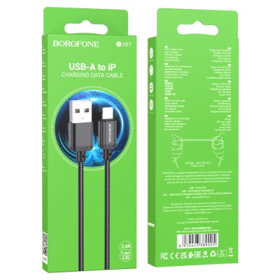 Дата кабель USB 2.0 AM to Lightning 1.0m 2.4A nylon BX87 black BOROFONE (6974443389005)