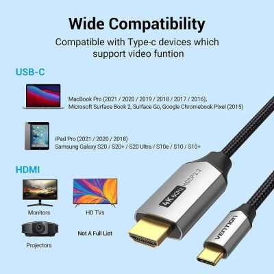 Кабель мультимедійний USB-C to HDMI M 2.0m V2.0 4K 60Hz black Vention (CRBBH)