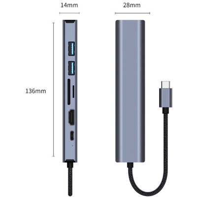 Концентратор Dynamode 7-in-1 USB-C to HDTV 4K/30Hz, 2хUSB3.0, RJ45, USB-C PD 100W, SD/MicroSD (BYL-2303)