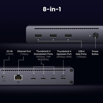 Концентратор Ugreen Thunderbolt 4 to 3xTh.4/3xUSBA 3.2/RJ45 Gigabit/140W ARevodok Max 8-in-1 U708 (25053EU)