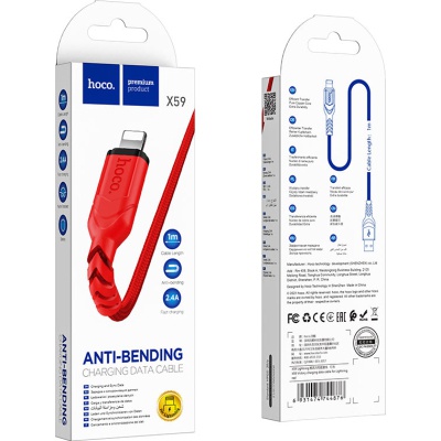 Дата кабель USB 2.0 AM to Lightning 1.0m 2.4A nylon X59 red HOCO (6931474744876)